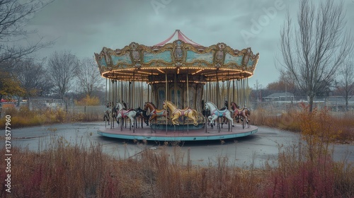 solitary carousel in an abandoned amusement park, its faded horses frozen in time, surrounded by empty space and overgrown vegetation, evoking a sense of sadness and loss.