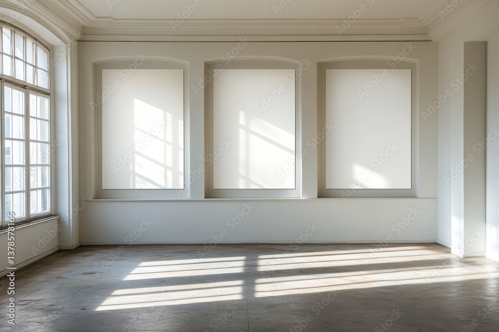Fototapeta premium Empty room with three large windows and blank movie poster frames. AI generated illustration.