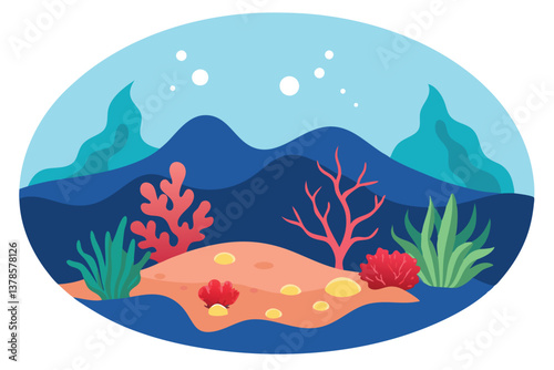 Underwater with Coral Reefs and Seaweed in Cartoonish Style on Transparent Background