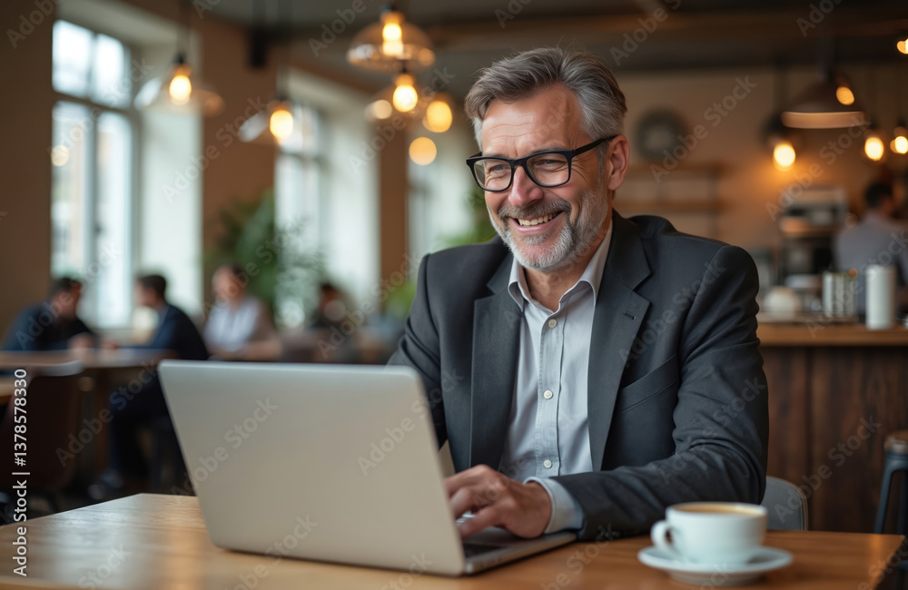 Smiling middle-aged businessman working laptop in office cafe. Happy senior man entrepreneur, small business owner, remote worker. Modern workplace with cup of coffee. Online work, successful Smiling middle-aged businessman working laptop in office cafe. Happy senior man entrepreneur, small business owner, remote worker. Modern workplace with cup of coffee. Online work, successful