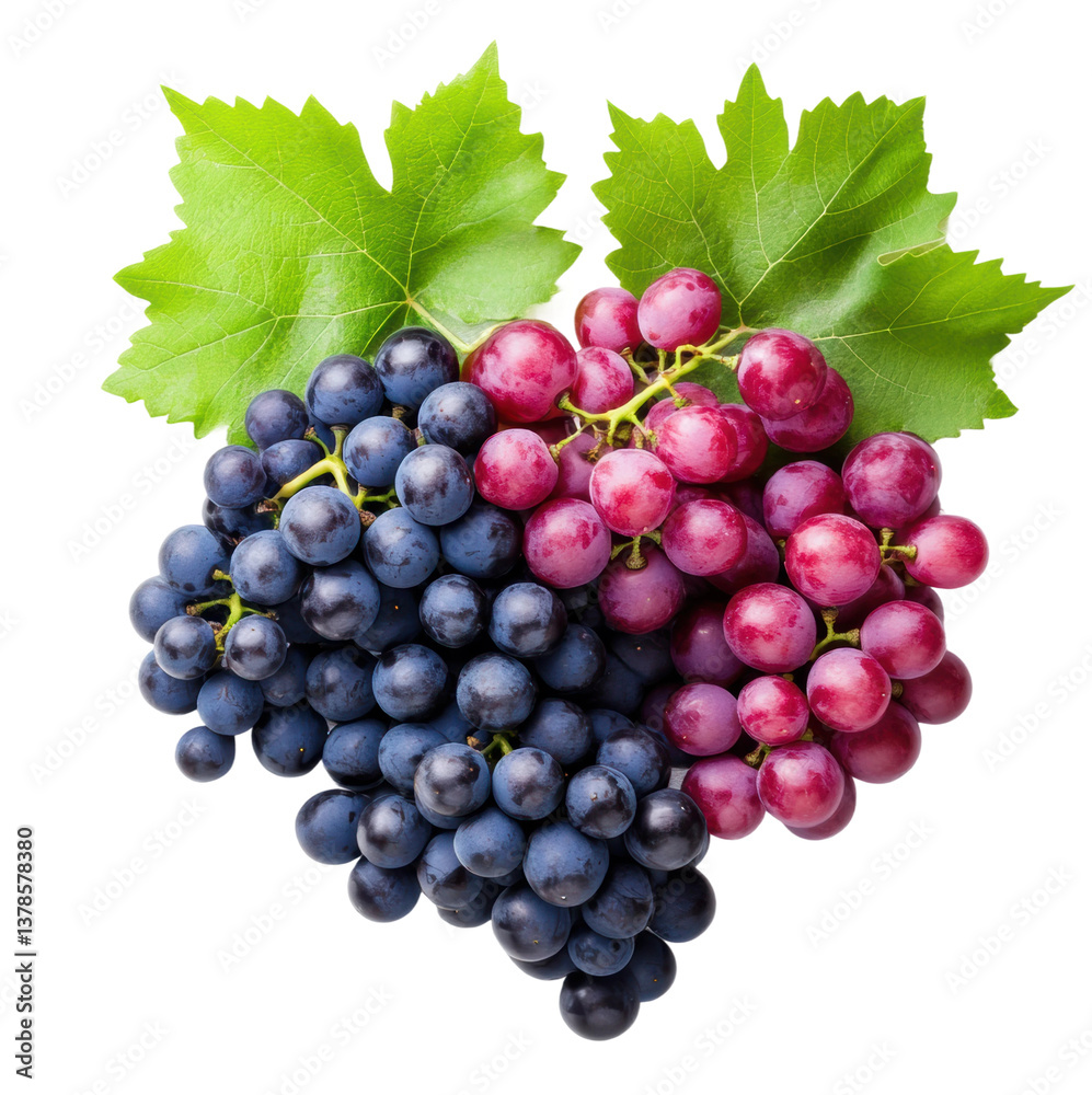 Fototapeta premium Bunches of fresh red and blue grapes with green leaves, cut out
