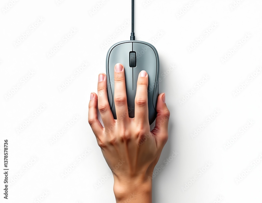 Hand using computer mouse on white background. Female hand on mouse, pressing button. Modern digital tech, cyberspace. Communication, business, data input, electronic device, work, internet. Hand using computer mouse on white background. Female hand on mouse, pressing button. Modern digital tech, cyberspace. Communication, business, data input, electronic device, work, internet.