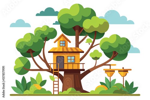 Whimsical Treehouse with Ladder, Foliage, and Blue Sky Accents