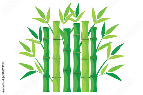 Vibrant Green Bamboo Stalks with Lush Leaves on White Background
