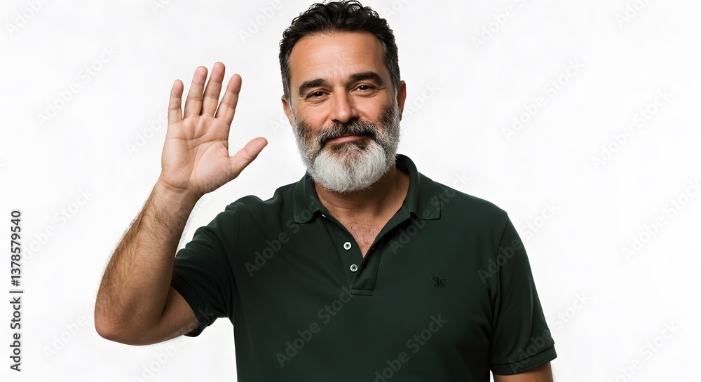 Fototapeta premium Friendly mature man waving his hand in greeting, sporting a salt-and-pepper beard and casual green polo shirt against a plain background.
