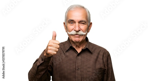 An elderly man with gray hair and a large mustache gives a thumbs up with a wink against a clean white backdrop, radiating charm.