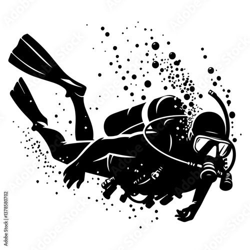 A black and white silhouette of a scuba diver on a white background. EPS vector graphics.