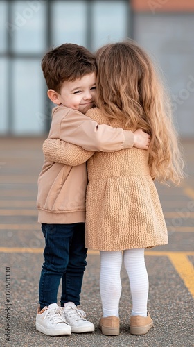 International Day of Non-Violence peace advocacy, Two children embracing in a warm and joyful moment outdoors. Anti-violence education, peace mural street art photo