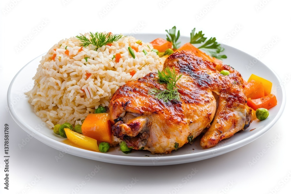Food dish menu with jollof chicken, white rice, and mixed vegetables. AI generated illustration. Food dish menu with jollof chicken, white rice, and mixed vegetables. AI generated illustration.