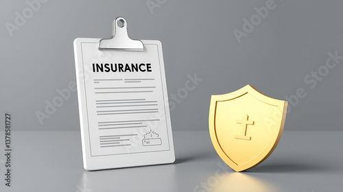 3d vector of White clipboard Insurance policy concept. Assurance protection, policy Guarantee business, business Insurance, Insurance life, Health insurance, Finance, check board and shield. Eps 10