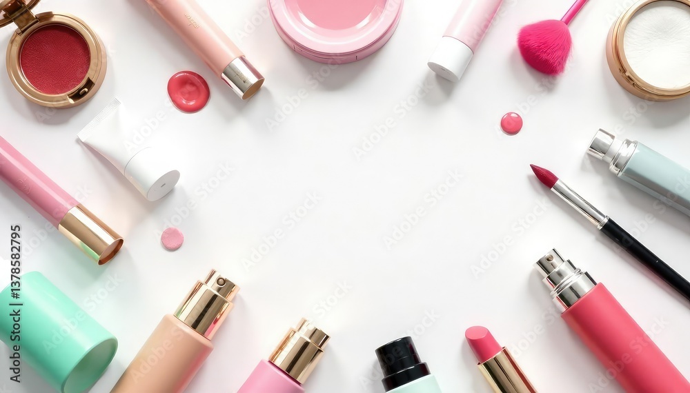 Various cosmetic items arranged on a stark white backdrop, makeup, packaging, professional Various cosmetic items arranged on a stark white backdrop, makeup, packaging, professional