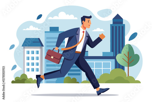 Businessman Running with Briefcase in Cityscape, Rush Hour, Late For Work, Flat