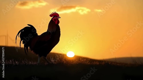 Early morning represented by a cockarel crowing as the sun rises