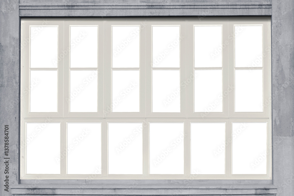 Antique traditional white Window wood frame on grey stone wall background