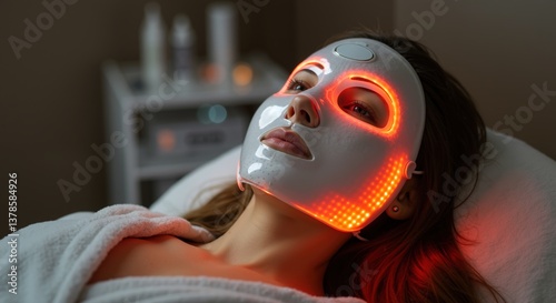 Woman receiving LED light therapy facial treatment in beauty salon. Female with illuminated red mask during professional skincare procedure. Modern aesthetic technology for skin rejuvenation