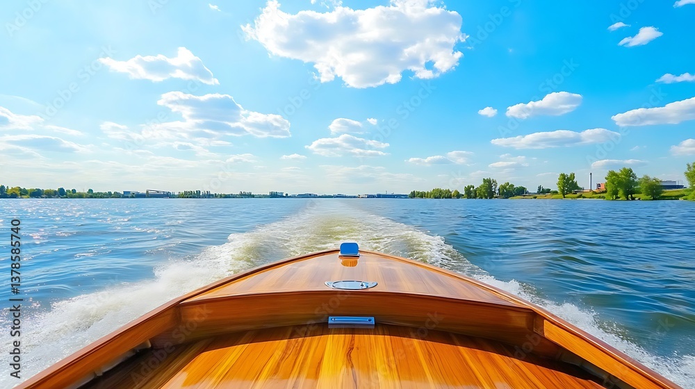 Wooden boat ride with sunny lake.