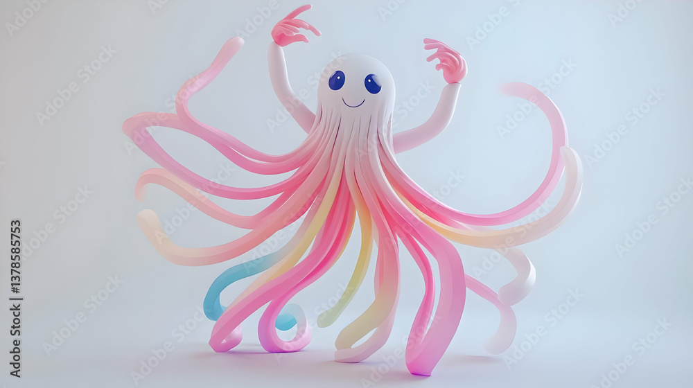 Fototapeta premium Abstract Digital 3D Render of a Cute Pink and White Octopus with Tentacles Against a White Background
