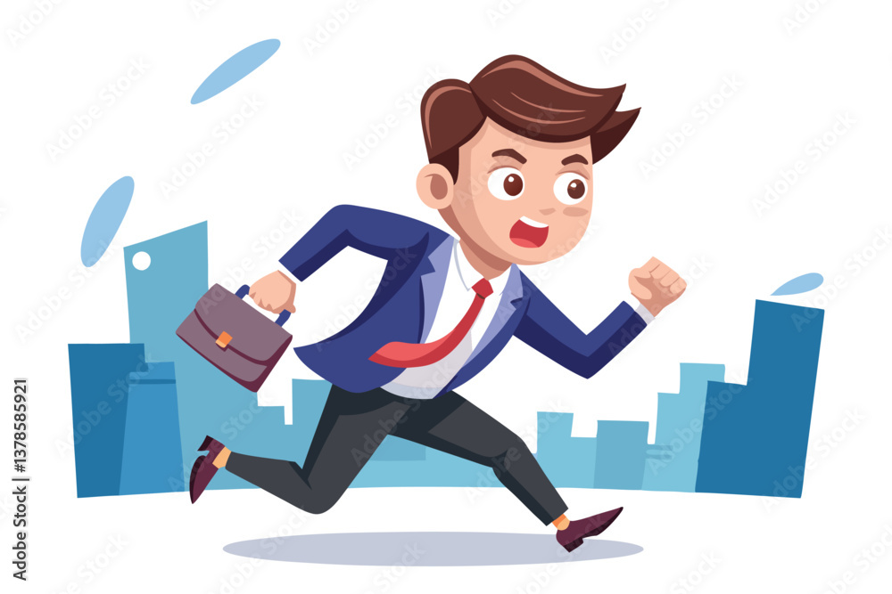 Obraz premium Cartoon Businessman Running With Briefcase On Cityscape Background