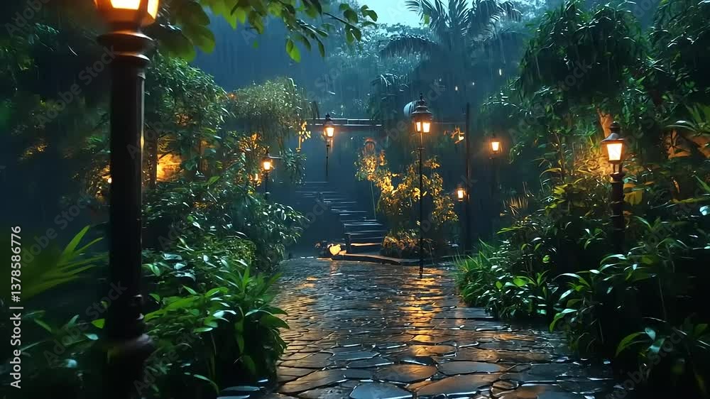 Serene nighttime pathway illuminated by lanterns in a lush, tropical garden during rain