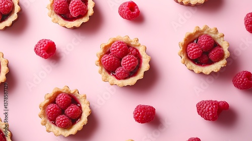 A symbolic National Raspberry Tart Day scene with raspberry tarts, flaky crusts, and fresh raspberries on a soft pink and white background