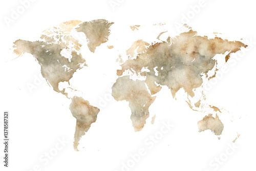 World Map Watercolor - Art Decorative Illustration of the World Map in Brown Gray Terracotta Colors - Ideally for Interior Print