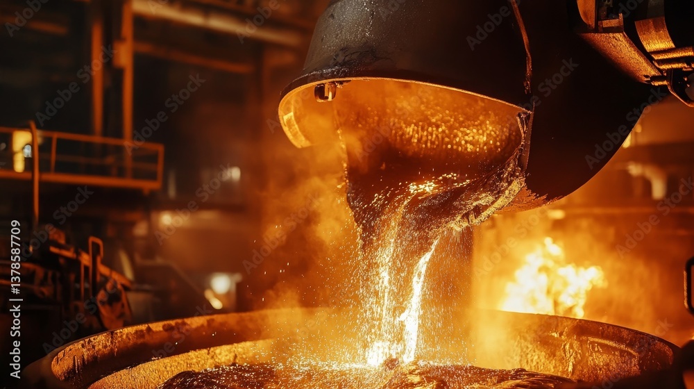 Liquid steel is poured from a metallurgical ladle