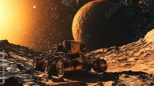 A futuristic rover exploring an alien planet with a giant moon