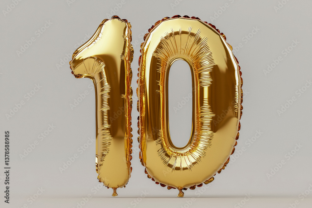 Gold foil balloons spelling out the number 10, against a light background.