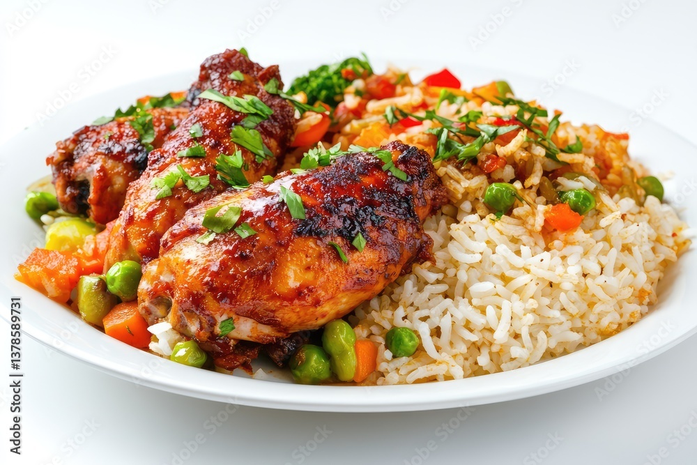 Fototapeta premium Food dish menu with jollof chicken, white rice, and mixed vegetables. AI generated illustration.