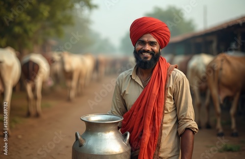 Young Indian milkman smiles at dairy farm. Man with red turban holding milk can near cows. Milk production industry, agriculture concept, rural life in india.