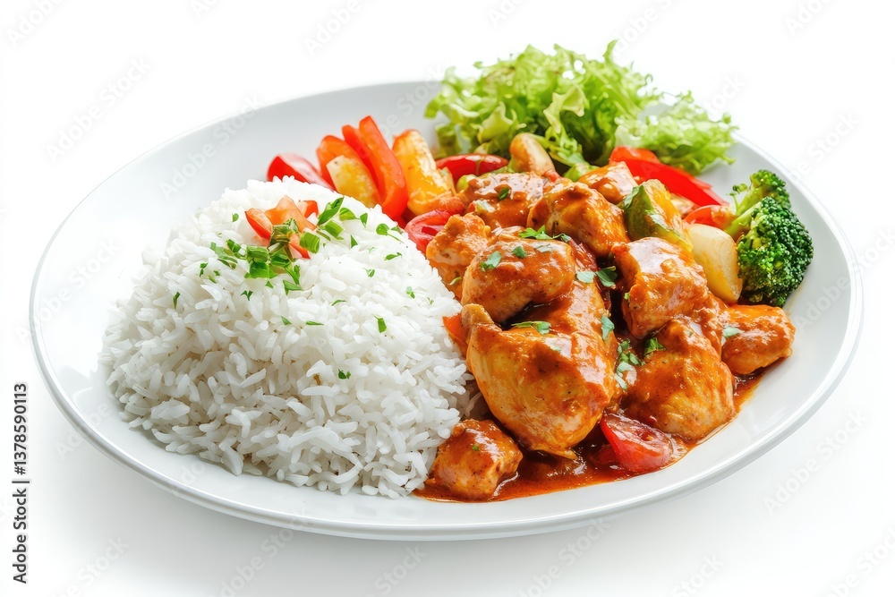 Food dish menu with jollof chicken, white rice, and mixed vegetables. AI generated illustration. Food dish menu with jollof chicken, white rice, and mixed vegetables. AI generated illustration.