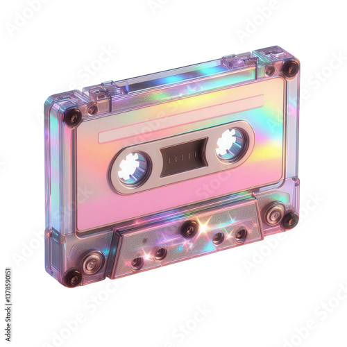 A pink iridescent cassette tape sits angled on a white background. y2k style design transparent background