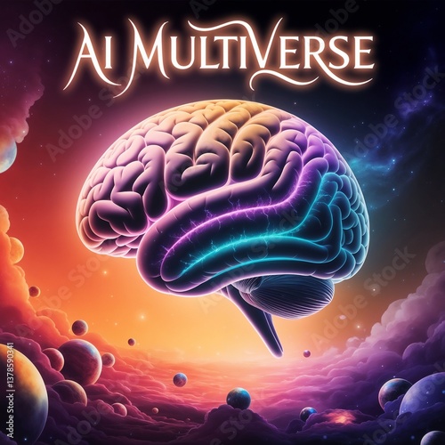 A vibrant depiction of a neon lit brain floating in space, surrounded by planets and nebulae, with glowing AI Multiverse text above it.