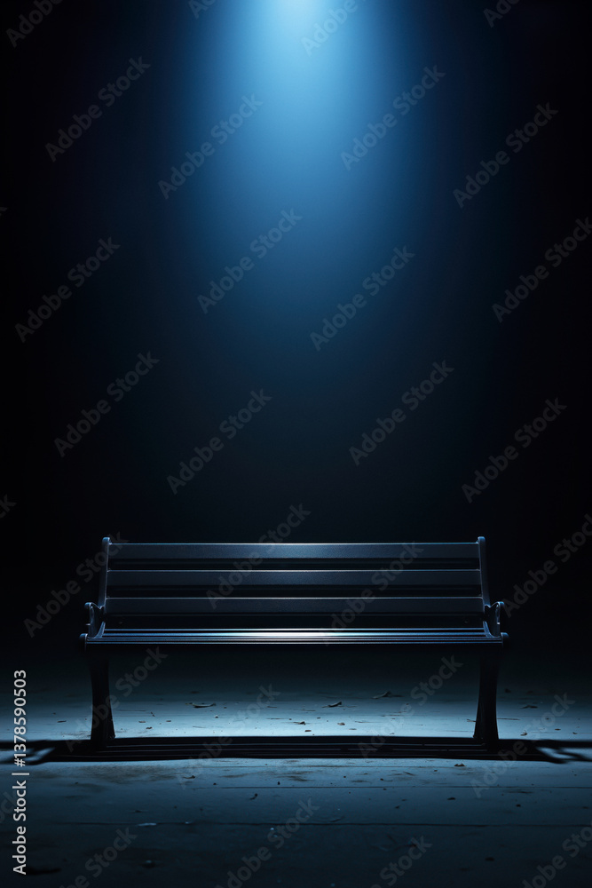 Empty bench under a spotlight, ideal for a book cover with copy space.