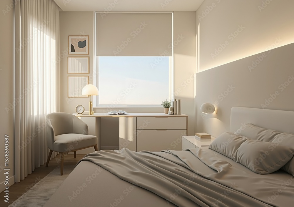 Naklejka premium Sun shining through window in a modern, minimalist bedroom with desk, chair, and neutral color palette
