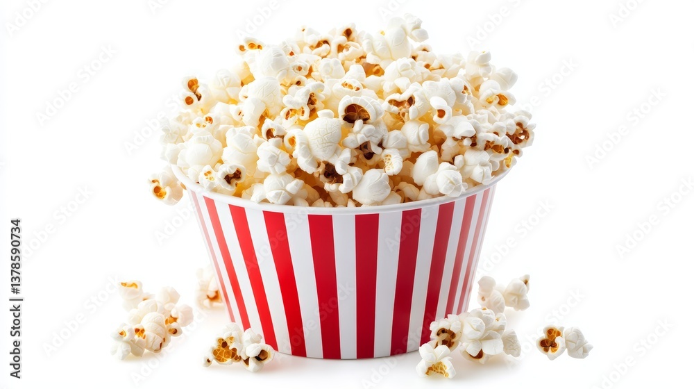 Popcorn served in a classic red and white striped bucket isolated on a plain white background Popcorn served in a classic red and white striped bucket isolated on a plain white background