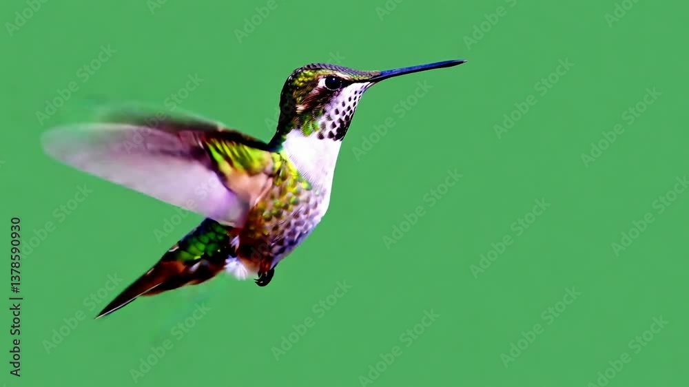 Hummingbird mid-flight iridescent green gold feathers hovering solid green background rapid wing motion wildlife nature macro photography vibrant colors. Bird flying on green screen.