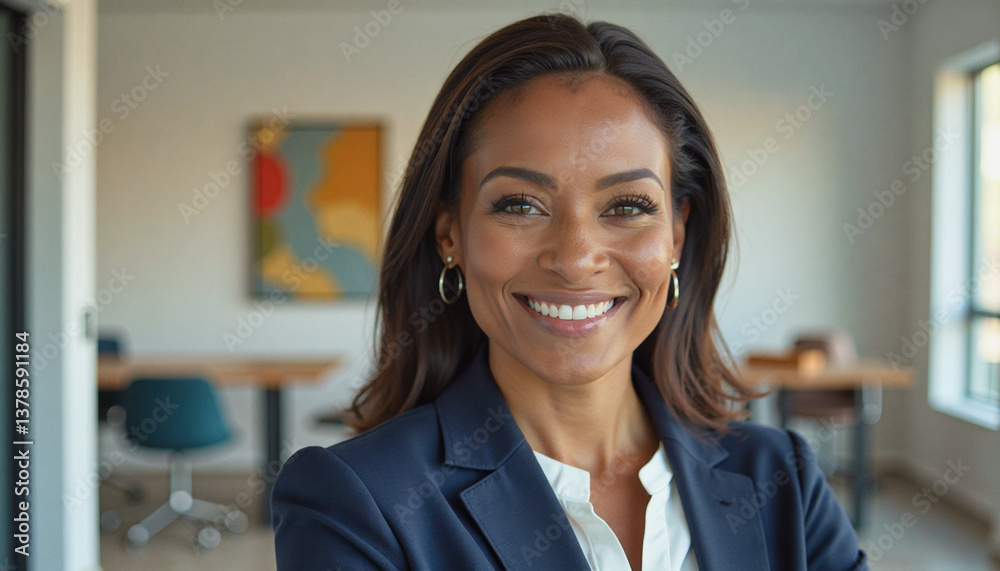 A portrait headshot photo of a friendly professional CEO executive business worker: A smiling African American businesswoman in a navy blazer and white blouse confidently looks at the camera in a A portrait headshot photo of a friendly professional CEO executive business worker: A smiling African American businesswoman in a navy blazer and white blouse confidently looks at the camera in a