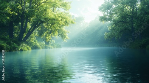Tranquil Lakeside Scene with Lush Greenery