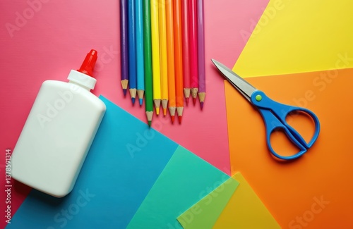 Art set for kids, school supplies, colorful pencils, glue, scissors, colored paper sheets. School theme, arts crafts design tools, hand-made, DIY, education, creative process background.