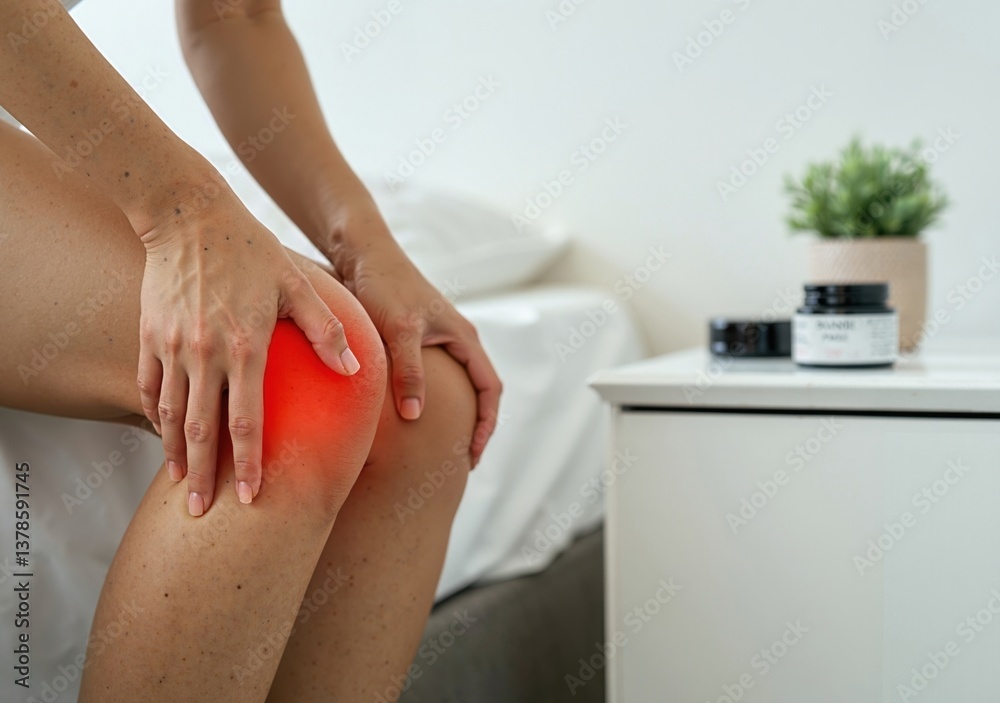 Woman experiencing knee pain, highlighted by red spot, sitting on bed at home, ointment on nightstand