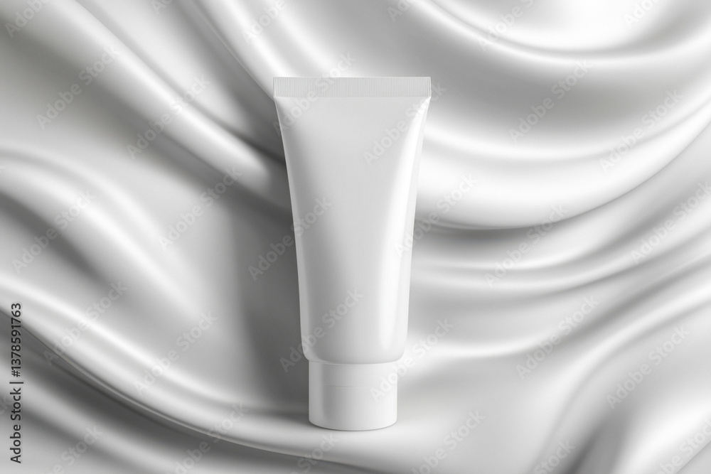 Close-up of a blank white cosmetic tube against a white fabric background, ideal for a mockup.