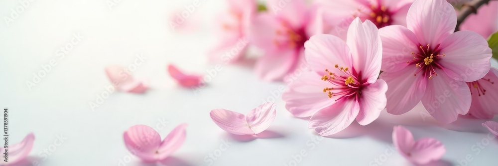 Delicate cherry blossom in soft focus on a clean white surface, petals, gentle, pink Delicate cherry blossom in soft focus on a clean white surface, petals, gentle, pink