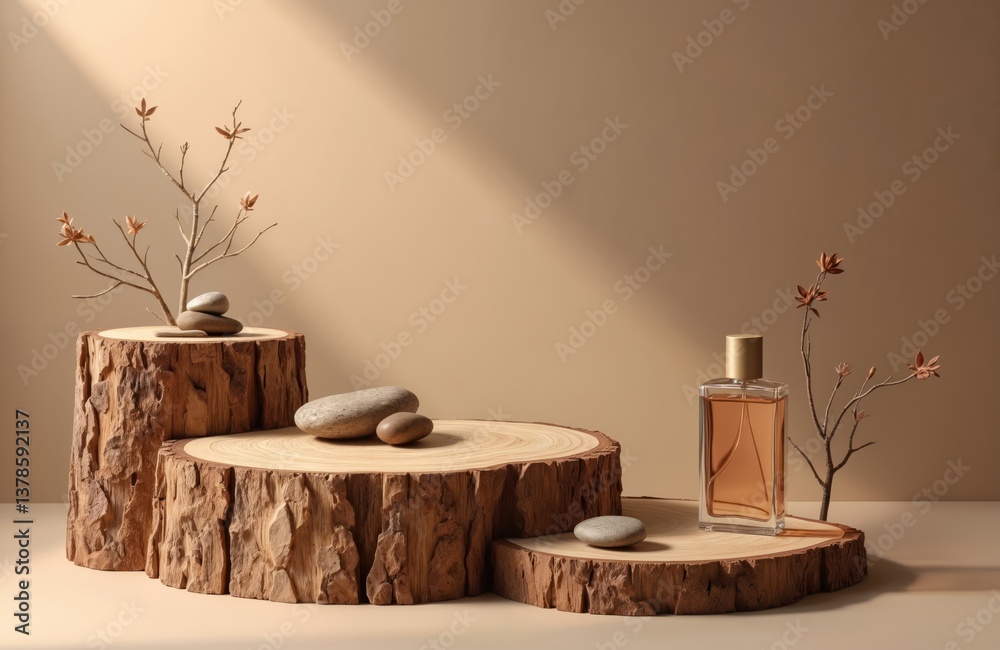 Wood podium with stones, branches decorations. Perfume bottle display on tree trunk. Beige background, minimal luxury product presentation. Cosmetic and jewellery background. Generative ai.