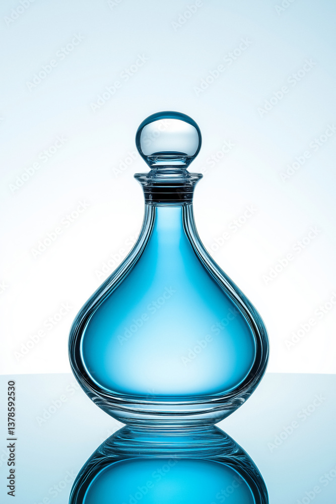 Close-up of a blank, blue glass decanter, ideal for a mockup, on a light background.