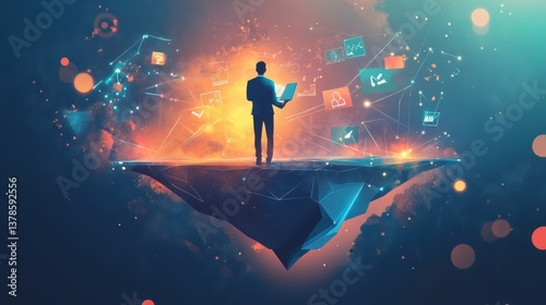 Businessman standing on a floating platform with digital holographic connections.