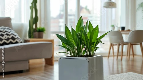 Modern indoor plant adds freshness to stylish living room with natural light and contemporary decor