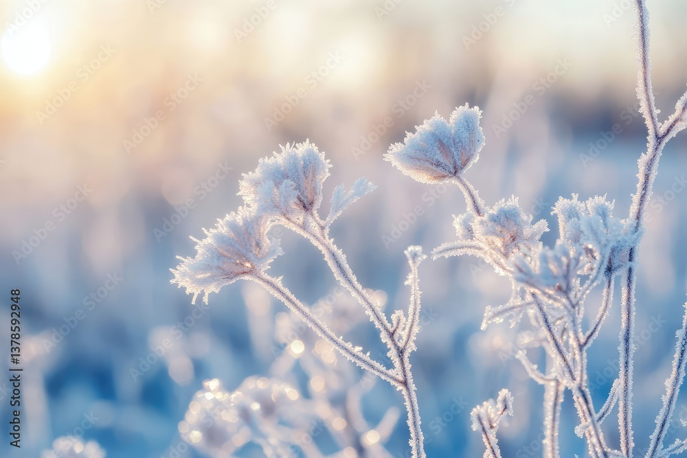 Frozen icy flowers in winter field, frost-covered wildflowers. AI generated illustration. Frozen icy flowers in winter field, frost-covered wildflowers. AI generated illustration.
