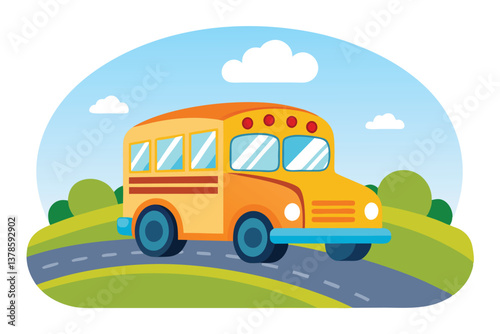 Cheerful Cartoon School Bus Driving on Road with Sky and Landscape Background