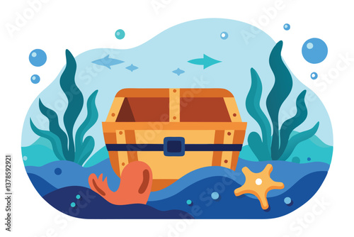 Cartoon Treasure Chest with Starfish, Octopus, Seaweed in Blue Ocean on White